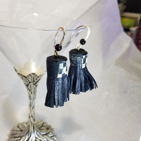 Leather and Copper Afro Boho Chic Black Tassel Earrings. 2.75" - Picture 4 of 8